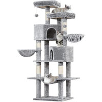 Produktbild von MSMASK Kratzbaum für Katzen mit Sisalstämmen und Plüsch in Grau, 180cm hoch mit 2 Plattformen, 2 Katzenhöhlen, 2 Körben und Hängematte