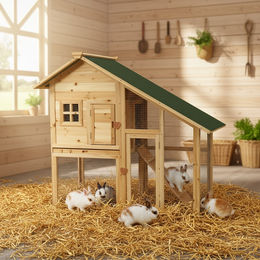 Mucola Hasenstall XXL aus Tannenholz für Kaninchen und Meerschweinchen mit 2 Etagen, Schublade und Lauframpe, 145x65x100 cm – Bild 1 von 13