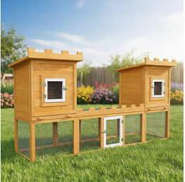 Mucola Kaninchenstall XXL aus Holz mit 2 Etagen und Freilauf 192x50x100 cm für Kaninchen Meerschweinchen und Hühner in Braun Grün – Bild 1 von 7