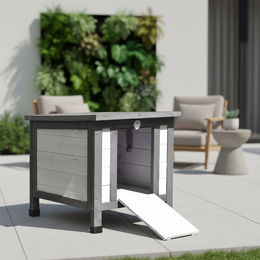 Mucola Katzenhaus aus Holz mit klappbarem Deckel und Rampe Weiß/Grau 50x45x43cm Winterfeste Katzenhöhle für Outdoor und Wurfkiste – Bild 1 von 13