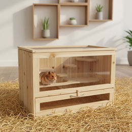 Mucola Kleintierkäfig aus Holz für Hamster und Mäuse 60x35x42 cm in Natur Braun mit 5 Etagen und aufklappbarem Deckel – Bild 1 von 13