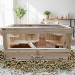 Mucola Kleintierkäfig aus Naturholz für Hamster und Mäuse mit 2 Ebenen und Plexiglas-Front 60x35x30cm – Bild 1 von 13