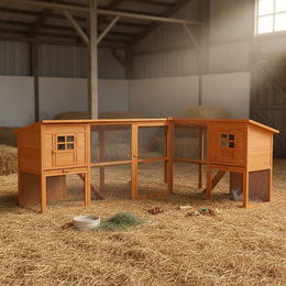 Mucola XXL Kaninchenstall aus Holz mit Freilaufgehege und 2 Rampen Braun 251x190,5x104 cm – Bild 1 von 8