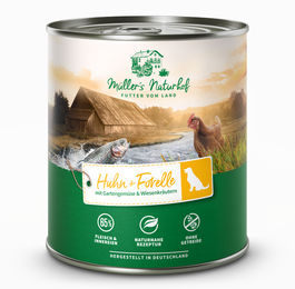 Produktbild von Müller’s Naturhof Hundefutter Huhn und Forelle Stückchen in Sauce Getreidefrei und Glutenfrei 6 x 800 g - 6 x 800 g