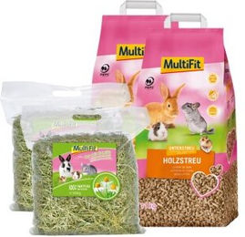 Produktbild von MultiFit 4er Set Holzstreu und Heu mit Kamille für Katzen und Kaninchen 11,5 kg
