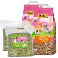 Produktbild von MultiFit 4er Set Holzstreu und Heu mit Kamille für Katzen und Kaninchen 11,5 kg