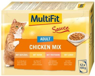 Produktbild von MultiFit Adult Hundefutter Stückchen in Sauce Chicken Mix Multipack 12x100 g mit Geflügel ohne Zucker und Konservierungsstoffe - 12 x 100 g