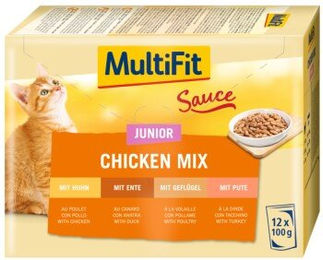 Produktbild von MultiFit Junior Katzen Nassfutter Chicken Mix Stückchen in Sauce für Kitten 12x100 g - 12 x 100 g