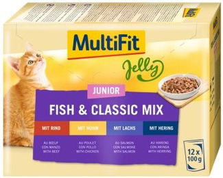 Produktbild von MultiFit Junior Katzen Nassfutter Multipack mit Hering, Huhn, Lachs und Rind in Gelee für Kitten 12x100 g