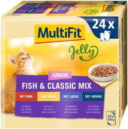 MultiFit Junior Kitten Nassfutter Multipack 24x100 g Stückchen in Gelee Hering Huhn Lachs Rind ohne Zucker und Konservierungsstoffe – Bild 1 von 2