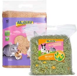 Produktbild von MultiFit Kleintierstreu aus Holzspänen und Heu mit Löwenzahn für Kaninchen 2x56L und 2x500g - 2 x 56 l