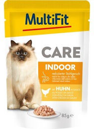 Produktbild von MultiFit Nassfutter Katze Adult Care Indoor Huhn Stückchen in Sauce ohne Zucker 24x85 g