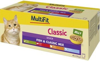 Produktbild von MultiFit Nassfutter Katze Senior Fisch und Classic Mix Stückchen in Gelee 48x100g