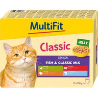 Produktbild von MultiFit Nassfutter Katze Senior Mix Ente Pute Rind Kabeljau Stückchen in Gelee 12x100 g