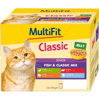 Produktbild von MultiFit Nassfutter Katze Senior Mix Ente Pute Rind Kabeljau Stückchen in Gelee 24x100 g - 24 x 100 g