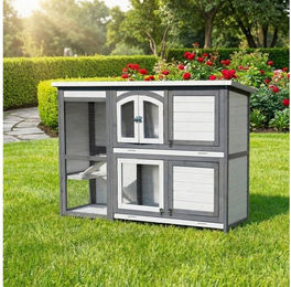 My Animal Kleintierstall XXL MH-02 aus Holz für Kaninchen mit 2 Etagen und 4 Türen in Grau und Weiß – Bild 1 von 5