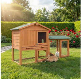 My Animal Kleintierstall XXL MH-03 aus Holz für Kaninchen mit 2 Etagen und Freilauf, Braun – Bild 1 von 5