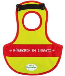 My little Farm Federschutzweste für Hühner aus Polyester in Gelb mit Aufdruck Hühnchen im Einsatz – Bild 1 von 2