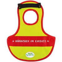 Produktbild von My little Farm Federschutzweste für Hühner aus Polyester in Gelb mit Aufdruck Hühnchen im Einsatz
