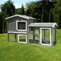 Produktbild von MyAnimal Hasenstall MH-03 Doppelstockhaus für Kaninchen aus Kiefernholz mit Garten und Freilauf in Grau/Weiß
