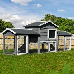 Produktbild von MyAnimal Hasenstall MH-03 Doppelstockhaus mit Garten und Freilauf aus Kiefernholz für Kaninchen XXL Grau/Weiß