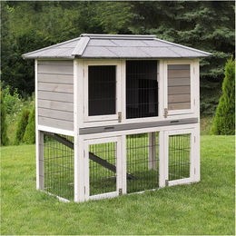 Produktbild von MyAnimal Hasenstall MH-28 für Kaninchen, 2-stöckig mit 4 Türen, wetterfestes imprägniertes Holz, Grau/Weiß