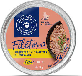 Produktbild von Nassfutter "Filet Menü" Hühnerfilet mit Löwenzahn - 200g / Einzeldose
