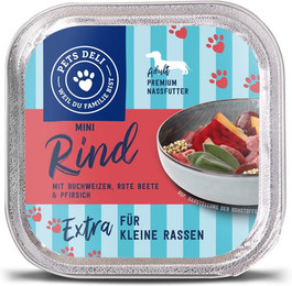 Produktbild von Nassfutter Mini Rind mit Buchweizen, Rote Beete, Pfirsich und Salbei für Hunde - 100 g