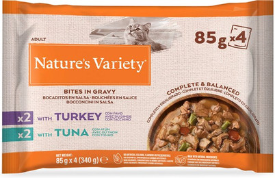 Produktbild von Nature's Variety Bites in Soße mit Truthahn und Thunfisch - 44 x 85 g