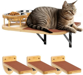 Produktbild von Navaris Futterstation für Katzen wandmontiert mit 3 Stufen Bambus