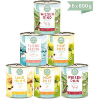 Produktbild von naftie Bio Fleischmenüs Mischpaket mit Rind, Pute, Huhn und Lachs Stückchen in Sauce 4800g