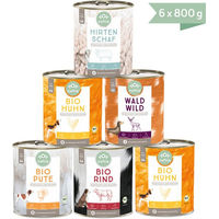 Produktbild von naftie Bio Reinfleisch Mischpaket Hund Dose mit Rind Pute Huhn Wild und Schaf getreidefrei glutenfrei monoprotein