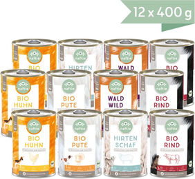 naftie Bio Reinfleisch Mixpaket Dose mit Rind Pute Huhn Wild und Schaf allergikerfreundlich 4800g – Bild 1 von 2