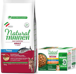 Produktbild von Natural Trainer Adult Futterpaket für Katzen mit 10 kg Trockenfutter und 12 x 85 g Nassfutter Thunfisch und Mix 4 Sorten