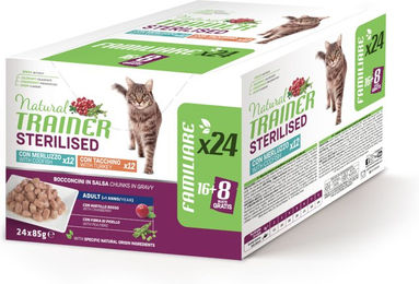Produktbild von Natural Trainer Adult Sterilised Katzenfutter Mixpaket Truthahn und Kabeljau Stückchen in Sauce 48 x 85 g - 48 x 85 g