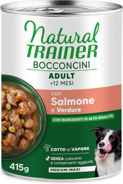 Produktbild von Natural Trainer Bocconcini Adult Medium & Maxi Chunks Hundefutter Lachs Stückchen in Sauce 2 x 415 g