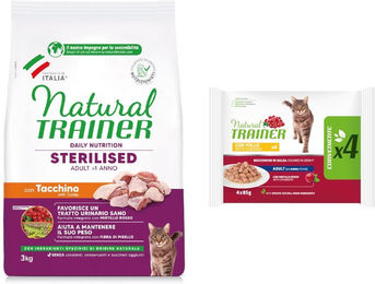 Produktbild von Natural Trainer Katzenfutter Adult Sterilisiert Truthahn und Huhn 3 kg plus 4 x 85 g Nassfutter