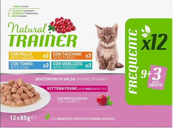 Produktbild von Natural Trainer Kitten & Young Mixpaket mit Stückchen in Sauce 12 x 85 g (4 Sorten: Huhn, Truthahn, Thunfisch, Kabeljau) - 12 x 85 g