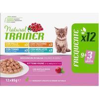 Produktbild von Natural Trainer Kitten & Young Mixpaket mit Stückchen in Sauce 12 x 85 g (4 Sorten: Huhn, Truthahn, Thunfisch, Kabeljau) - 12 x 85 g