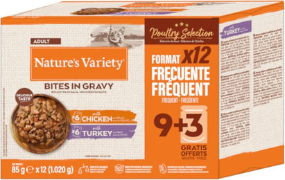 Produktbild von Nature's Variety Bites Katzen Nassfutter Adult Stückchen in Soße Geflügel- und Fisch-Auswahl 48 x 85 g - 48 x 85 g