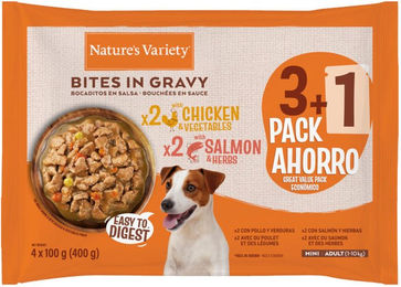 Produktbild von Nature's Variety Mini Katzen Nassfutter Adult Stückchen in Soße Huhn und Lachs 4 x 100 g Sensitive