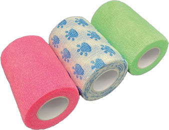Produktbild von NatuSol Kohäsive Flex Bandage Set I mit Pfotenmuster in Neon Grün, Neon Pink und Weiß 7,5cm x 4,5m