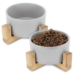 Navaris Futterstation mit 2 Keramiknäpfen und Bambus Halterung für Katzen und Hunde - 2 x 550 ml – Bild 1 von 7
