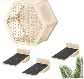 Navaris Katzen Kletterwand 4er Set aus Holz zur Wandmontage in Weiß und Natur – Bild 1 von 2