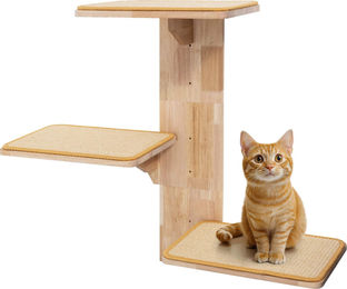 Navaris Katzen Kletterwand aus Holz mit Kratzbrett und 3 Plattformen in Natur – Bild 1 von 2