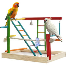 Navaris Vogelspielplatz aus Holz mit 2 Ebenen für Papageien und kleine Vögel in Bunt – Bild 1 von 7