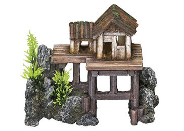 Nobby Aqua Aquariendekoration Holzhaus mit Pflanzen Figur und Höhle Braun 15,5 x 8 x 12 cm – Bild 1 von 2