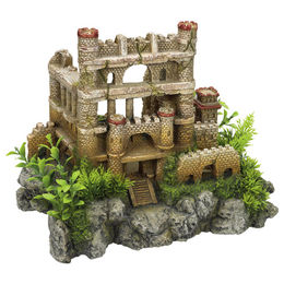 Produktbild von Nobby Aquariendekoration Burgruine mit Pflanzen aus Kunstharz als Figur und Höhle für Fische in Braun