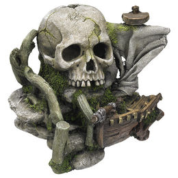 Produktbild von Nobby Aquariendekoration Schädel mit Schiffswrack als Figur und Höhle für Fische in Grau - 1 Stk.