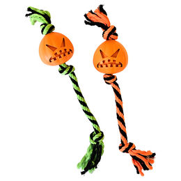 Produktbild von Nobby Hundespielzeug Halloween Kürbis Angry aus Vollgummi mit Seil in Orange Schwarz Grün für große Hunde